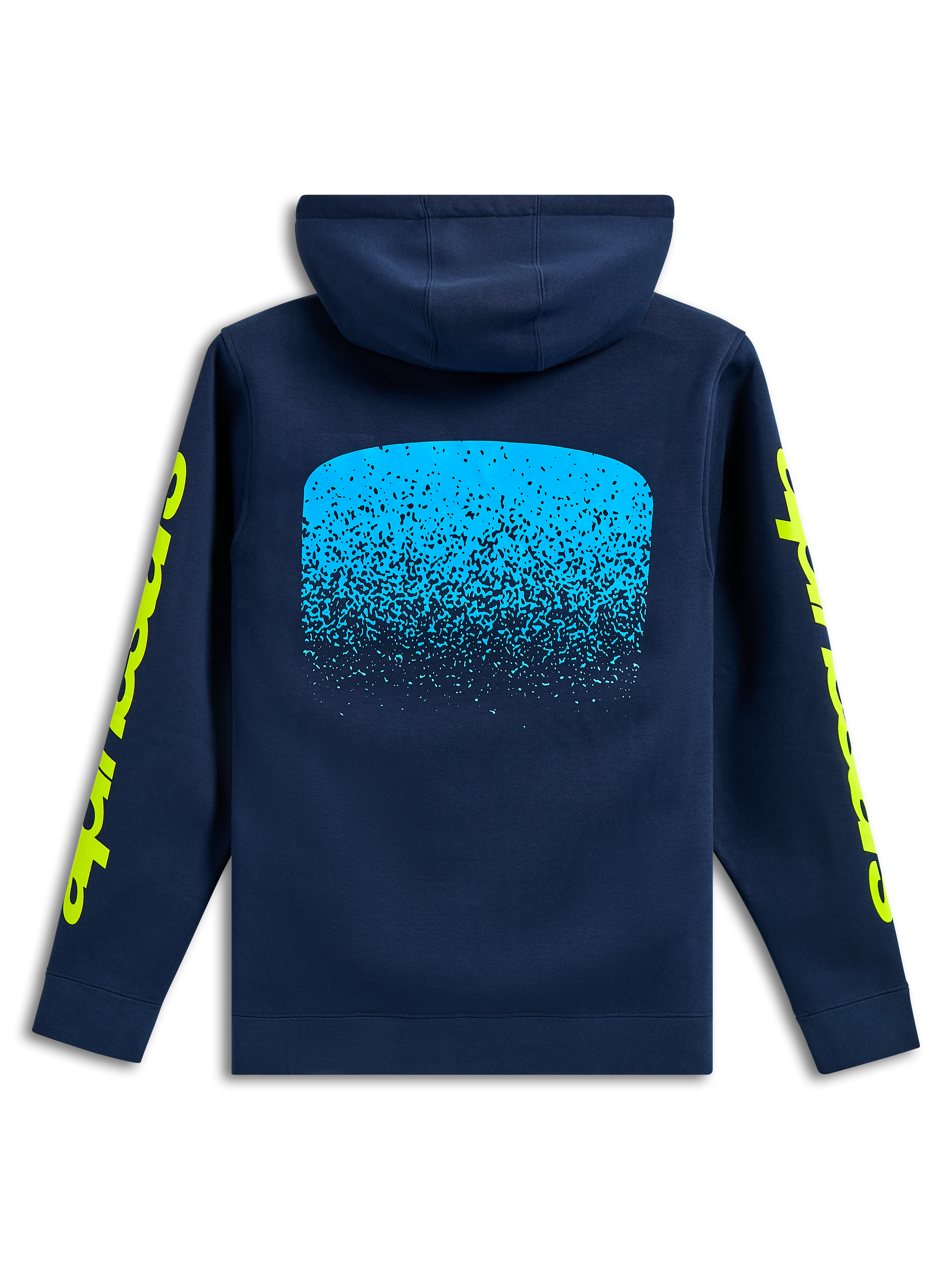 Alpinestars Obsessed Hoodie, Rückansicht, Navyblau, hellblaue MX-Farbverlaufsgrafik auf der Rückseite, gelbe Alpinestars Wort-Logos auf den Ärmeln, lässige Motorsport-Streetwear