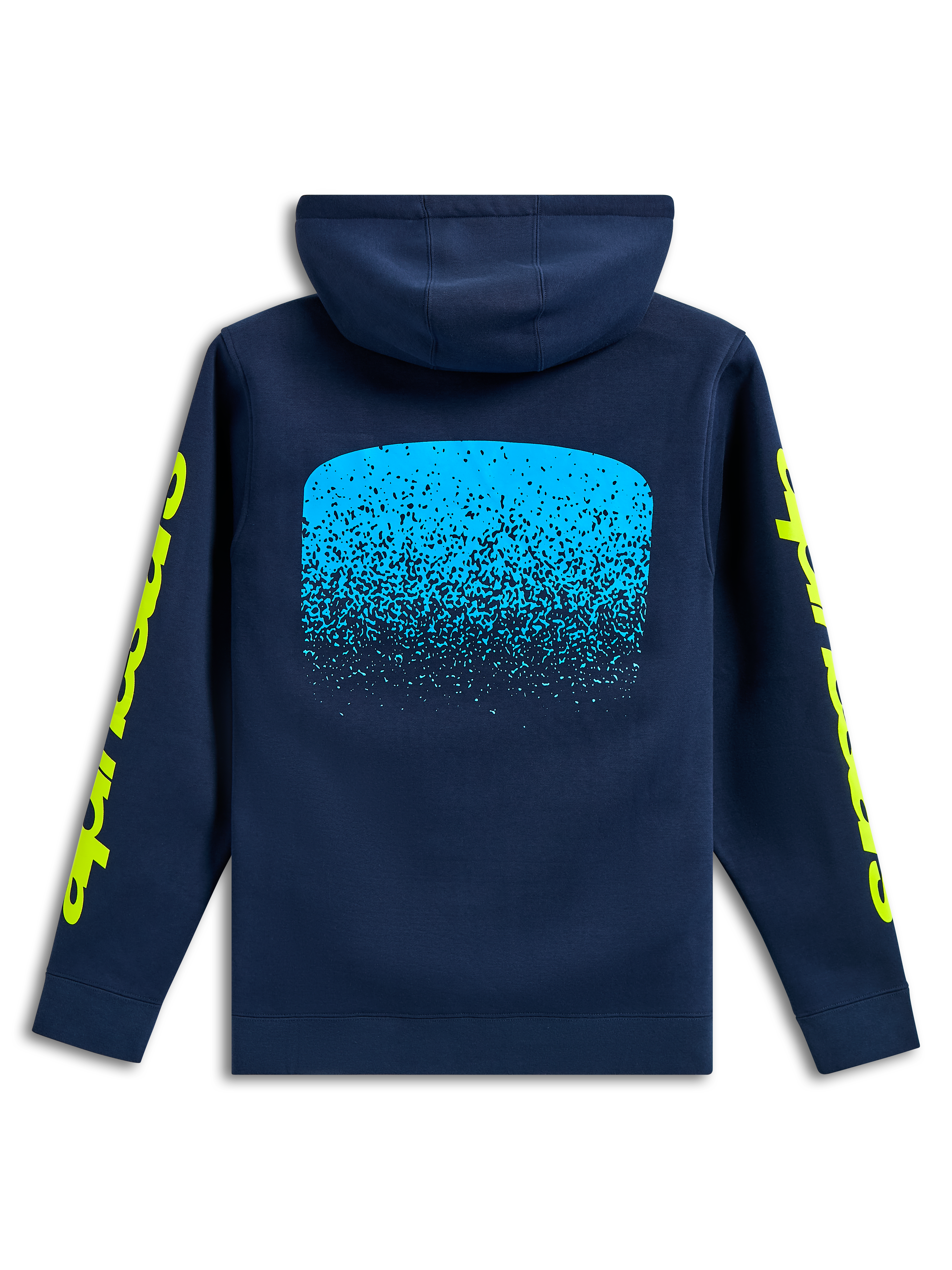 Alpinestars Obsessed Hoodie, achteraanzicht, donkerblauw, lichtblauwe MX-verloop graphic op de rug, gele Alpinestars woordlogo's op de mouwen, casual motorsport streetwear