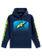 Alpinestars Obsessed Hoodie, donkerblauwe casual pullover sweatshirt, Astars-logo op de borst met cyaan MX-verloopgraphic, limoengroene woordlogo's op de mouwen, capuchon met trekkoord en kangoeroezak, motorsport-geïnspireerd ontwerp
