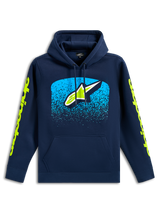 Alpinestars Obsessed Hoodie, marineblauer Freizeit-Kapuzenpullover, vorderes Astars-Logo mit cyanfarbenem MX-Farbverlauf, limettengrüne Wortmarken-Logos auf den Ärmeln, Kapuze mit Kordelzug und Kängurutasche, motorsport-inspiriertes Design