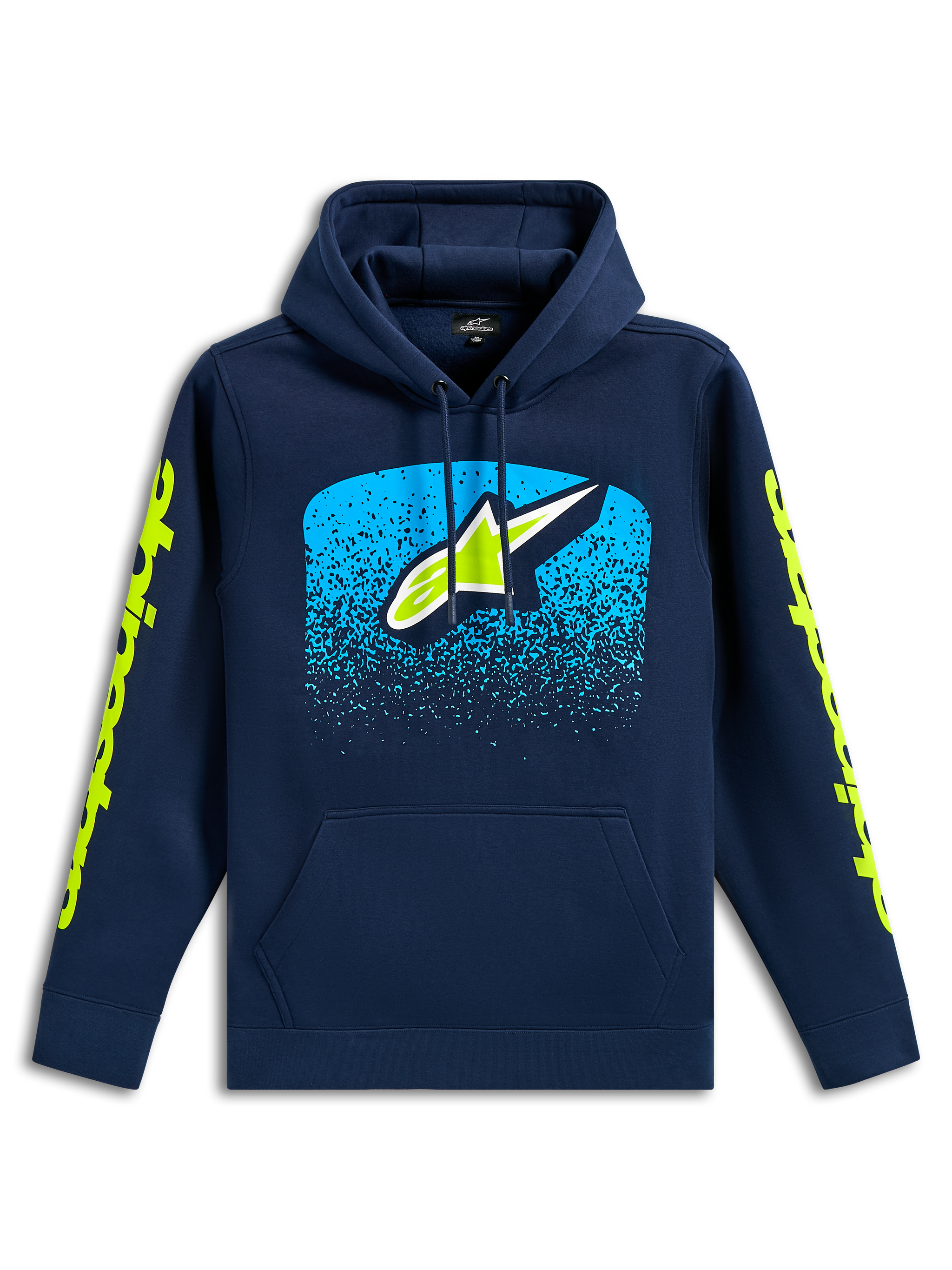 Alpinestars Obsessed Hoodie, marineblauer Freizeit-Kapuzenpullover, vorderes Astars-Logo mit cyanfarbenem MX-Farbverlauf, limettengrüne Wortmarken-Logos auf den Ärmeln, Kapuze mit Kordelzug und Kängurutasche, motorsport-inspiriertes Design