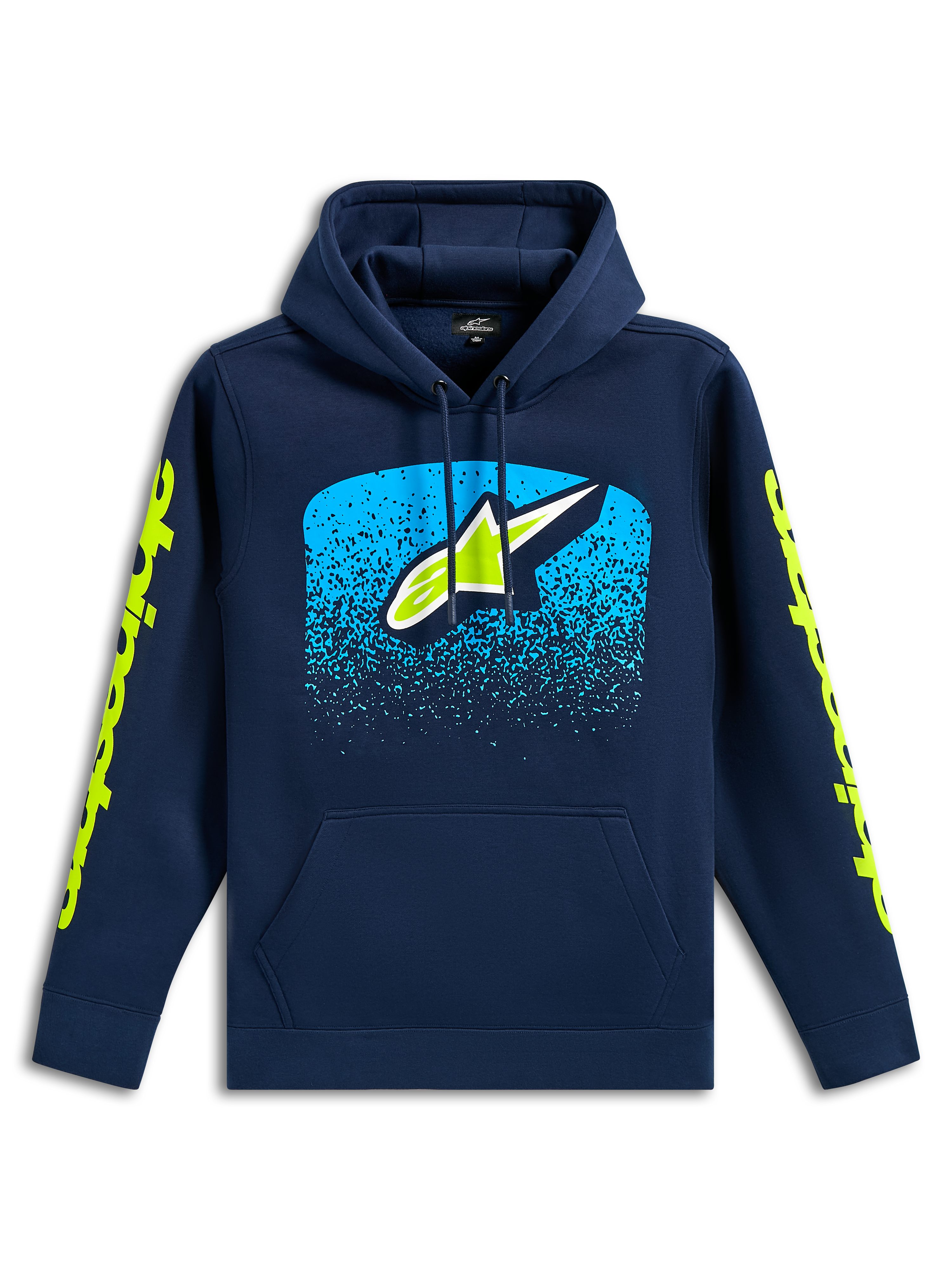 Alpinestars Obsessed Hoodie, donkerblauwe casual pullover sweatshirt, Astars-logo op de borst met cyaan MX-verloopgraphic, limoengroene woordlogo's op de mouwen, capuchon met trekkoord en kangoeroezak, motorsport-geïnspireerd ontwerp