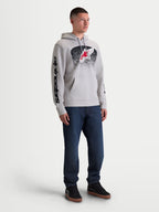 Alpinestars Obsessed Hoodie, heren-sportswear pullover fleece, cementgrijs met zwarte MX-geïnspireerde verloopgraphics en rood Astars-logo, voorzien van mouwbranding en kangoeroezak aan de voorzijde, mix van katoen en gerecycled polyester.