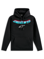 Alpinestars Ellipsoid Hoodie, zwarte fleece pullover, voorzien van een gebogen Astars-woordmerk met een teal en rood kleurverloop en een wit ster-logo, capuchon met trekkoord, kangoeroezak, casual motorsport-geïnspireerde streetwear