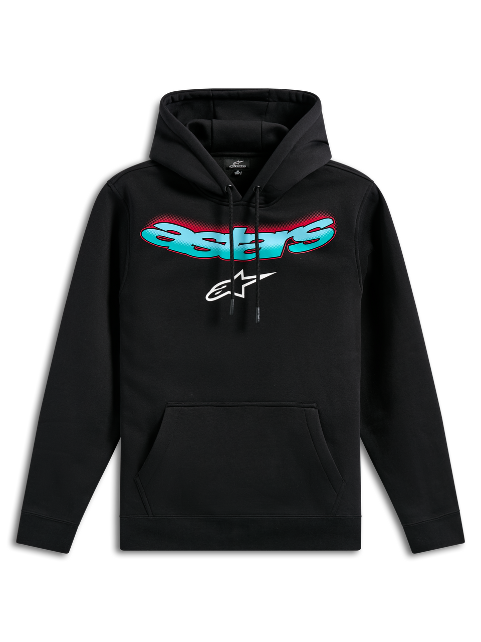 Alpinestars Ellipsoid Hoodie, black pullover fleece, featuring curved teal and red gradient Astars wordmark and white star logo, drawstring hood, kangaroo pocket, casual motorsport-inspired streetwear