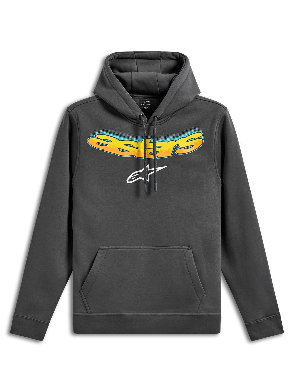 Alpinestars Ellipsoid Hoodie, pullover fleece hoodie, gunmetal grijs, met een gebogen Astars-tekst in geel-oranje kleurverloop en wit Astars-logo, kangoeroezak aan de voorzijde, casual motorsport-geïnspireerde streetwear