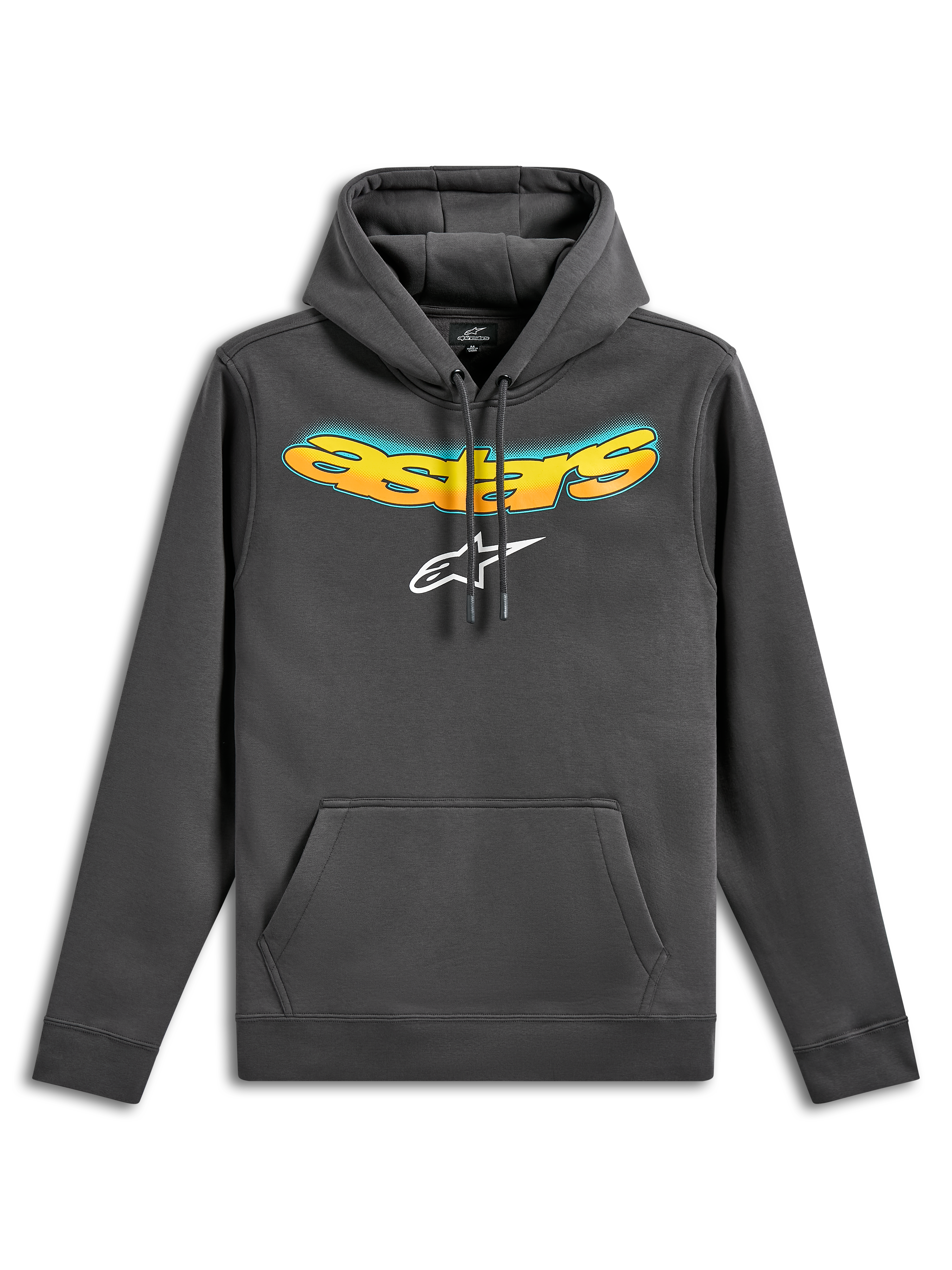 Alpinestars Ellipsoid Hoodie, pullover fleece hoodie, gunmetal grijs, met een gebogen Astars-tekst in geel-oranje kleurverloop en wit Astars-logo, kangoeroezak aan de voorzijde, casual motorsport-geïnspireerde streetwear