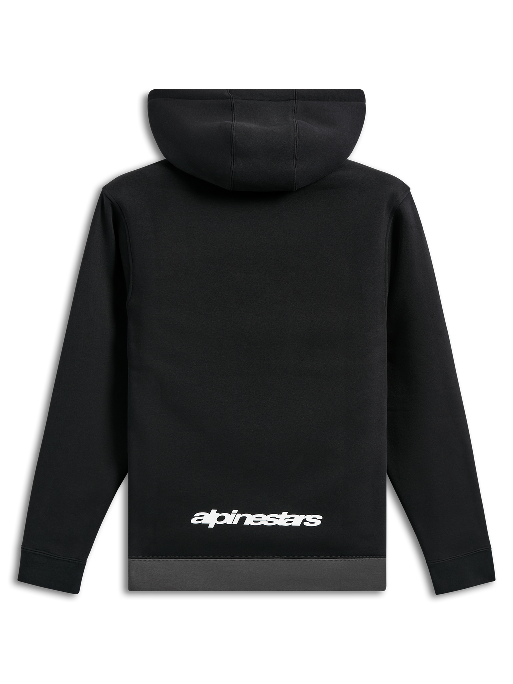 Alpinestars Parallel Hoodie, achteraanzicht, zwart met een gunmetal grijze zoom, wit Alpinestars woordlogo op de onderrug, casual motorsport-geïnspireerde streetwear, lange mouwen met geribde manchetten