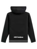 Alpinestars Parallel Hoodie, achteraanzicht, zwart met een gunmetal grijze zoom, wit Alpinestars woordlogo op de onderrug, casual motorsport-geïnspireerde streetwear, lange mouwen met geribde manchetten