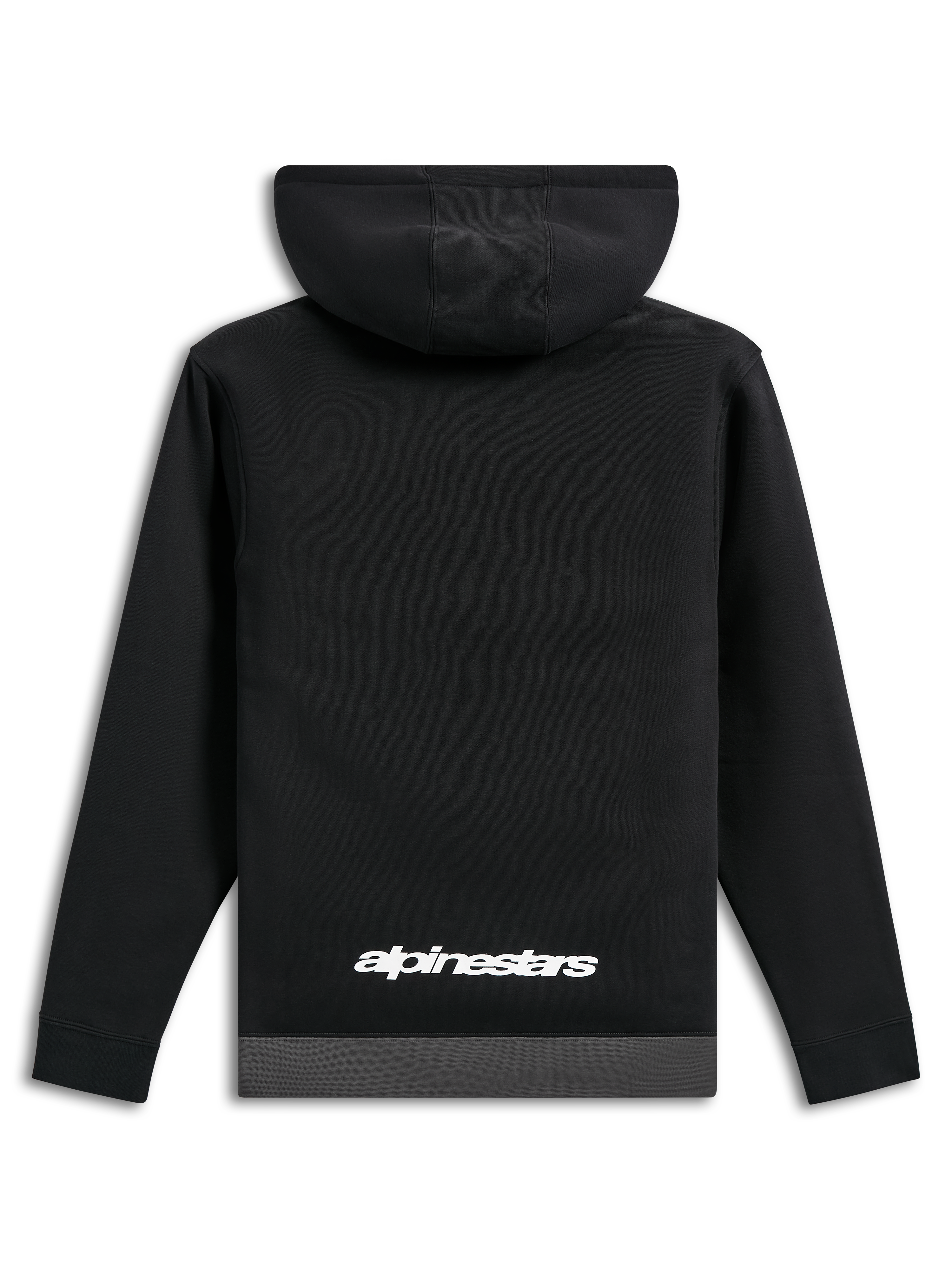 Alpinestars Parallel Hoodie, achteraanzicht, zwart met een gunmetal grijze zoom, wit Alpinestars woordlogo op de onderrug, casual motorsport-geïnspireerde streetwear, lange mouwen met geribde manchetten