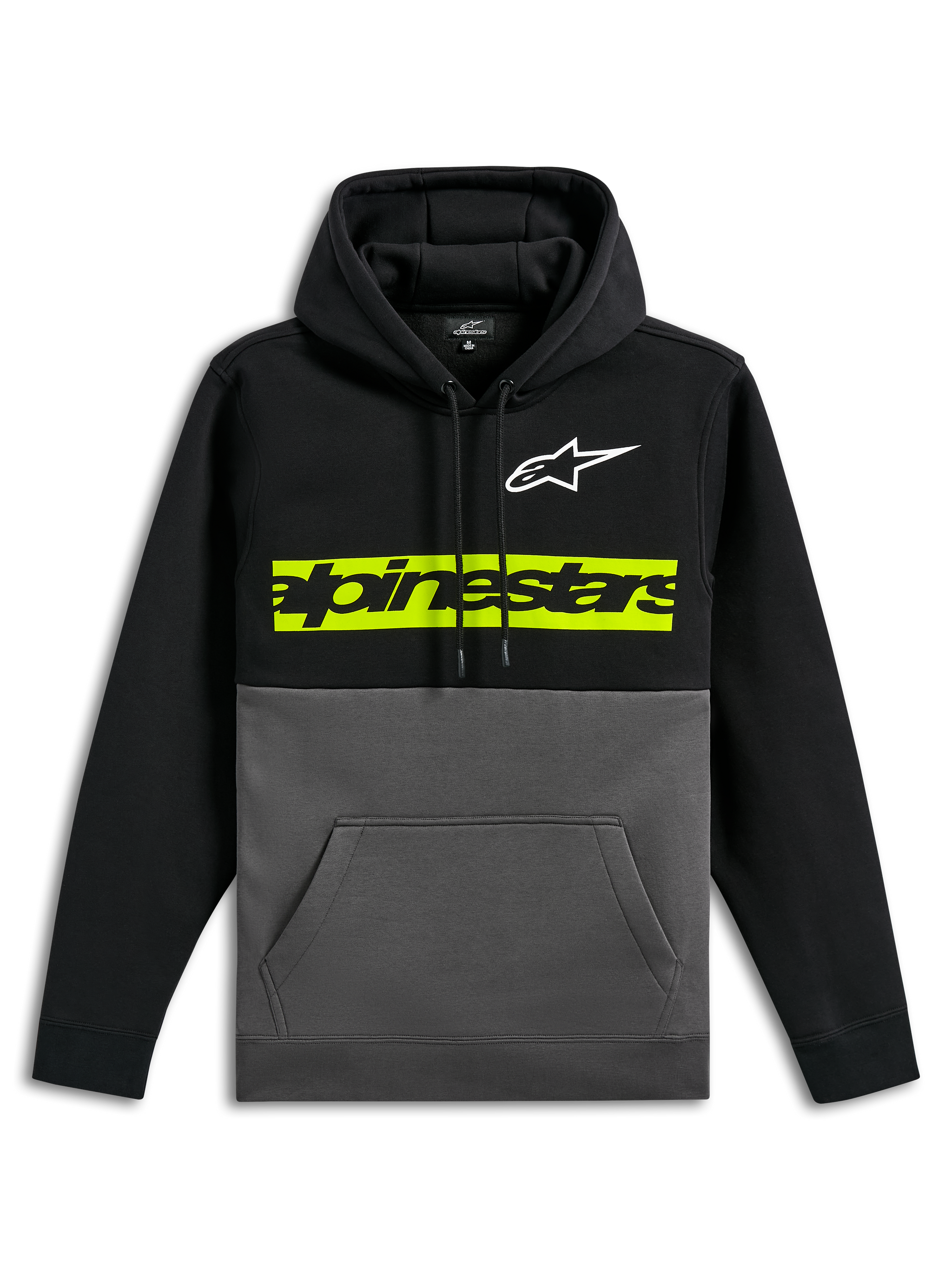 Alpinestars Parallel Hoodie, casual color-blocked fleece trui, zwarte bovenkant en mouwen met gunmetal grijze onderkant, wit Astars-logo op de borst, opvallende geelgroene horizontale balk met zwart Alpinestars-woordlogo, capuchon met trekkoord en kangoeroezak aan de voorkant