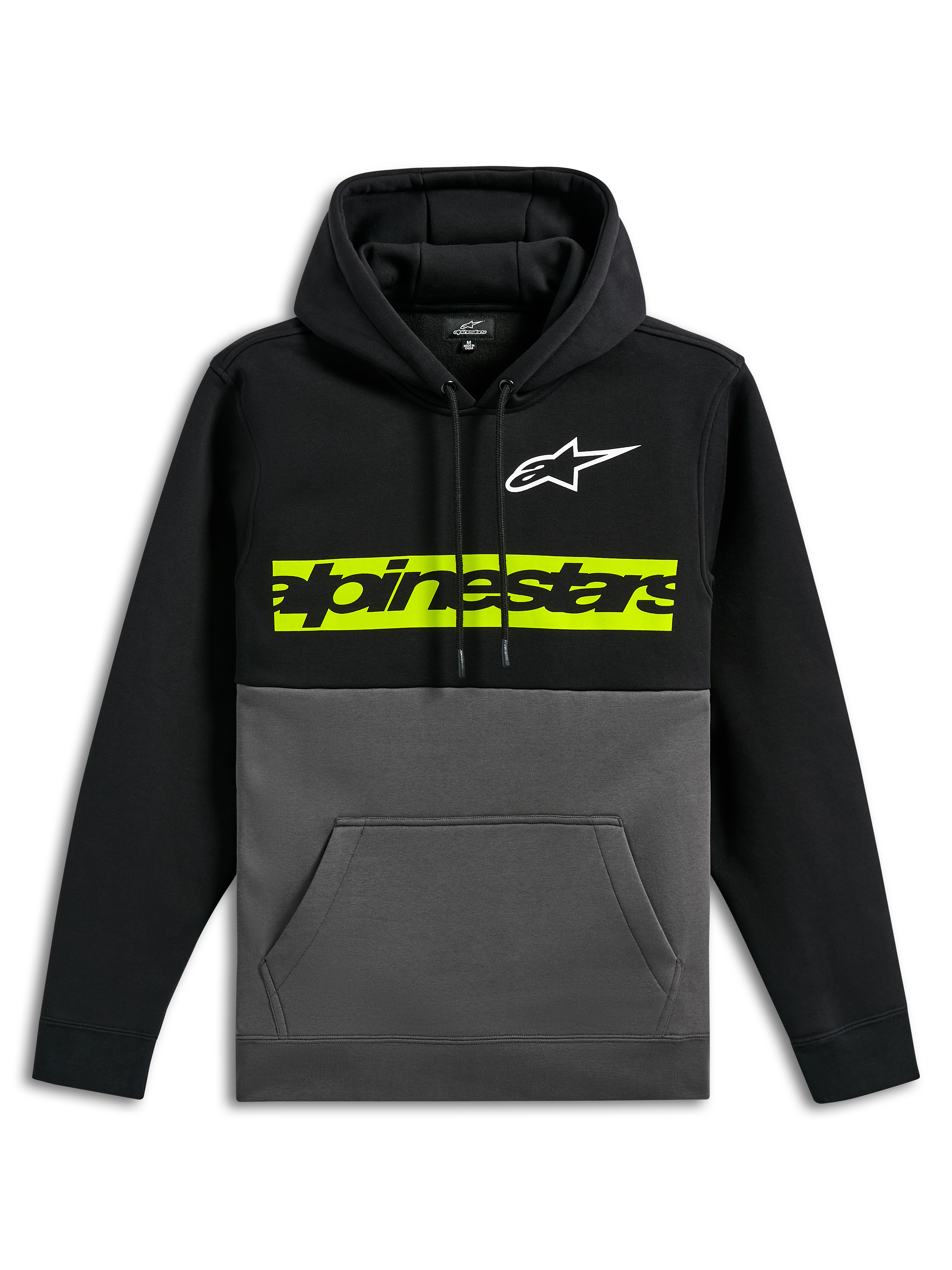 Alpinestars Parallel Hoodie, casual color-blocked fleece trui, zwarte bovenkant en mouwen met gunmetal grijze onderkant, wit Astars-logo op de borst, opvallende geelgroene horizontale balk met zwart Alpinestars-woordlogo, capuchon met trekkoord en kangoeroezak aan de voorkant