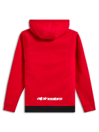 Alpinestars Parallel Hoodie, casual streetwear, rood met zwarte geribde zoom, wit Alpinestars-logo op de onderrug, pullover met capuchon, achteraanzicht