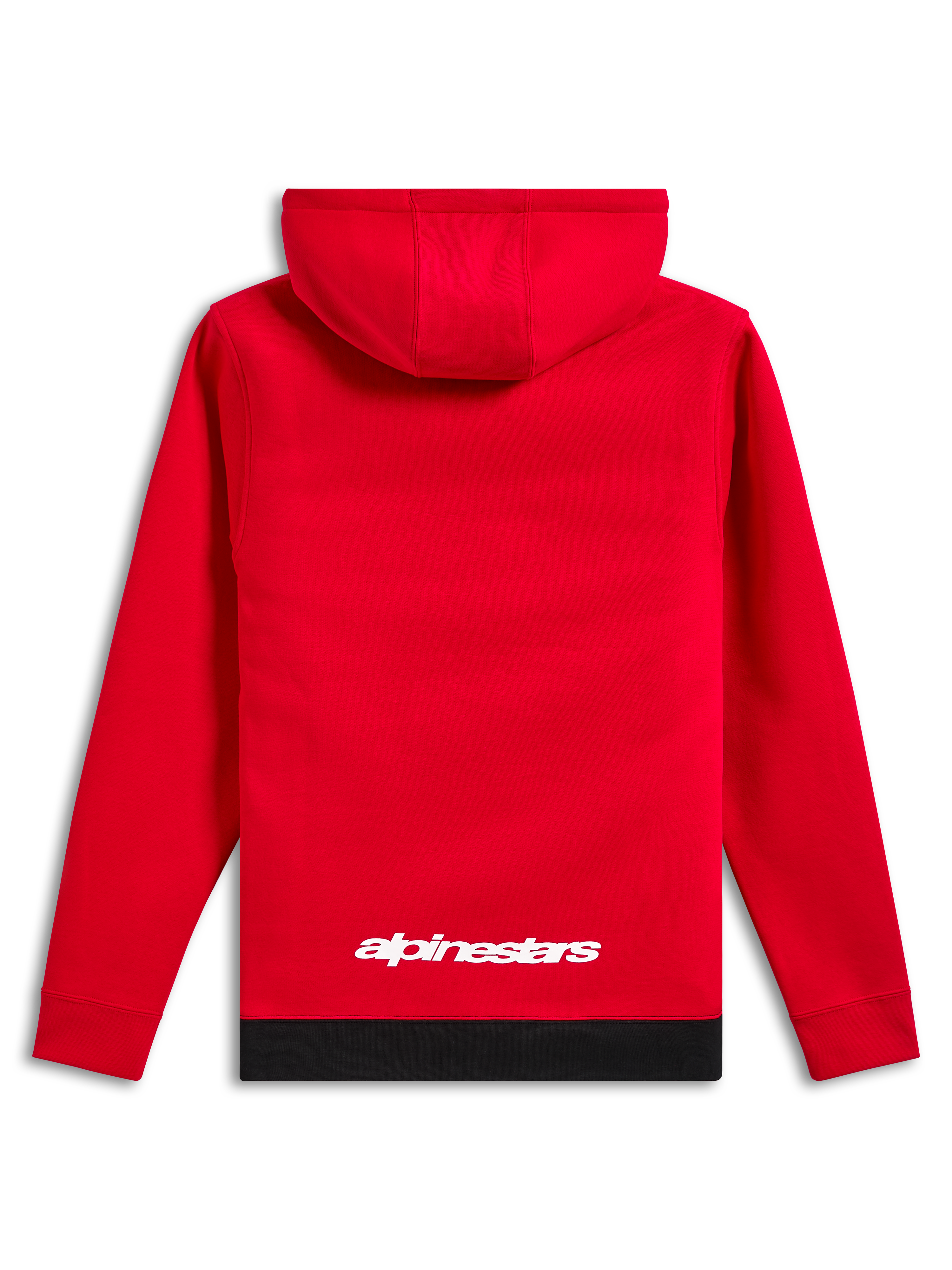 Alpinestars Parallel Hoodie, casual streetwear, rood met zwarte geribde zoom, wit Alpinestars-logo op de onderrug, pullover met capuchon, achteraanzicht