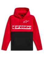 Alpinestars Parallel Hoodie, pullover fleece, rood en zwart kleurgeblokkeerd ontwerp, wit Astars-logo en rood Alpinestars-woordlogo op een witte borststreep, capuchon met trekkoord, kangoeroezak, casual motorsport streetwear