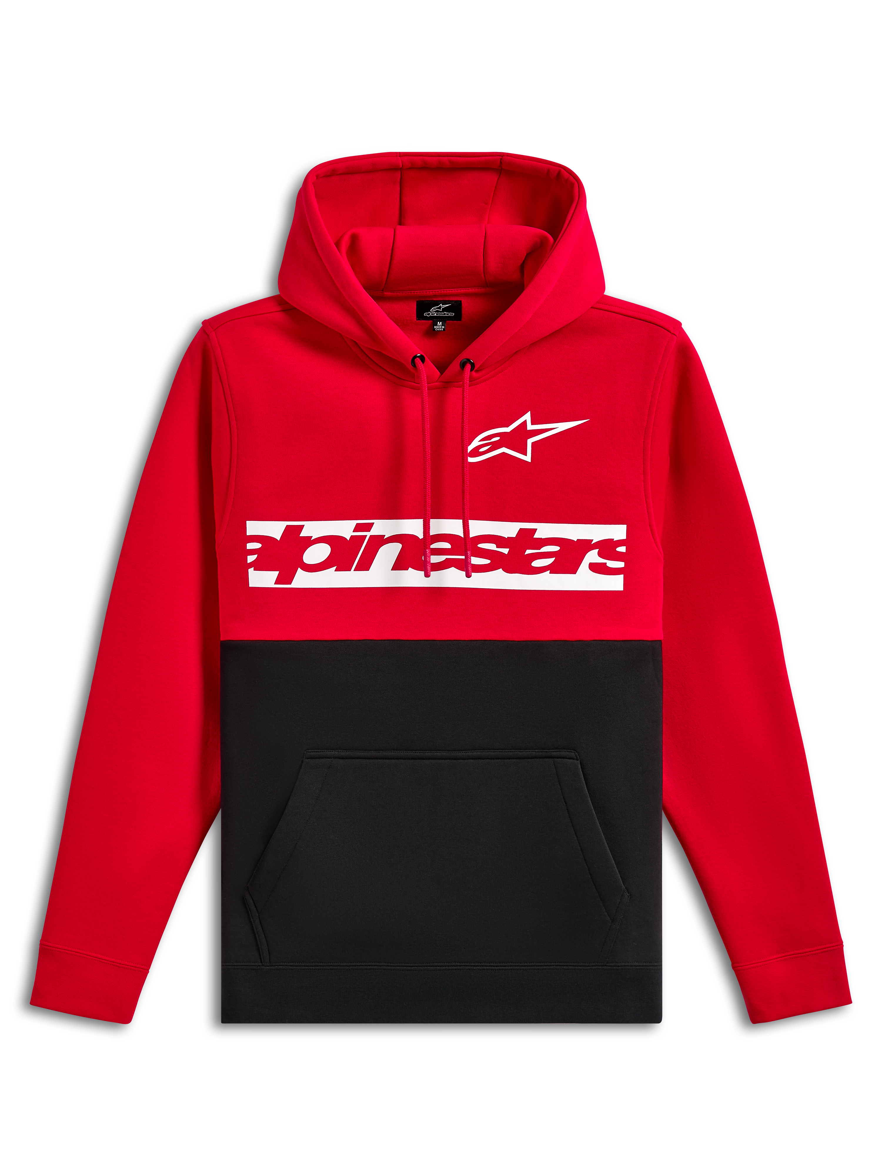 Alpinestars Parallel Hoodie, pullover fleece, rood en zwart kleurgeblokkeerd ontwerp, wit Astars-logo en rood Alpinestars-woordlogo op een witte borststreep, capuchon met trekkoord, kangoeroezak, casual motorsport streetwear