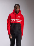 Alpinestars Parallel Hoodie, casual streetwear, kleurgeblokkeerd rood en zwart, groot wit Alpinestars woordlogo en Astars logo op de borst, capuchon met trekkoord, kangoeroezak aan de voorkant, motorsport-geïnspireerd ontwerp