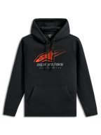 Alpinestars Pulse Hoodie, zwarte casual sportkleding, voorzien van een oranje Astars-logo met speed line fade op de borst, grijze alpinestars-branding, kangoeroezak aan de voorkant en capuchon met trekkoord