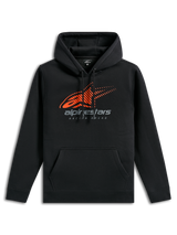 Alpinestars Pulse Hoodie, black casual sportswear, featuring an orange Astars logo with speed line fade on the chest, grey alpinestars branding, front pouch pocket, and drawstring hood