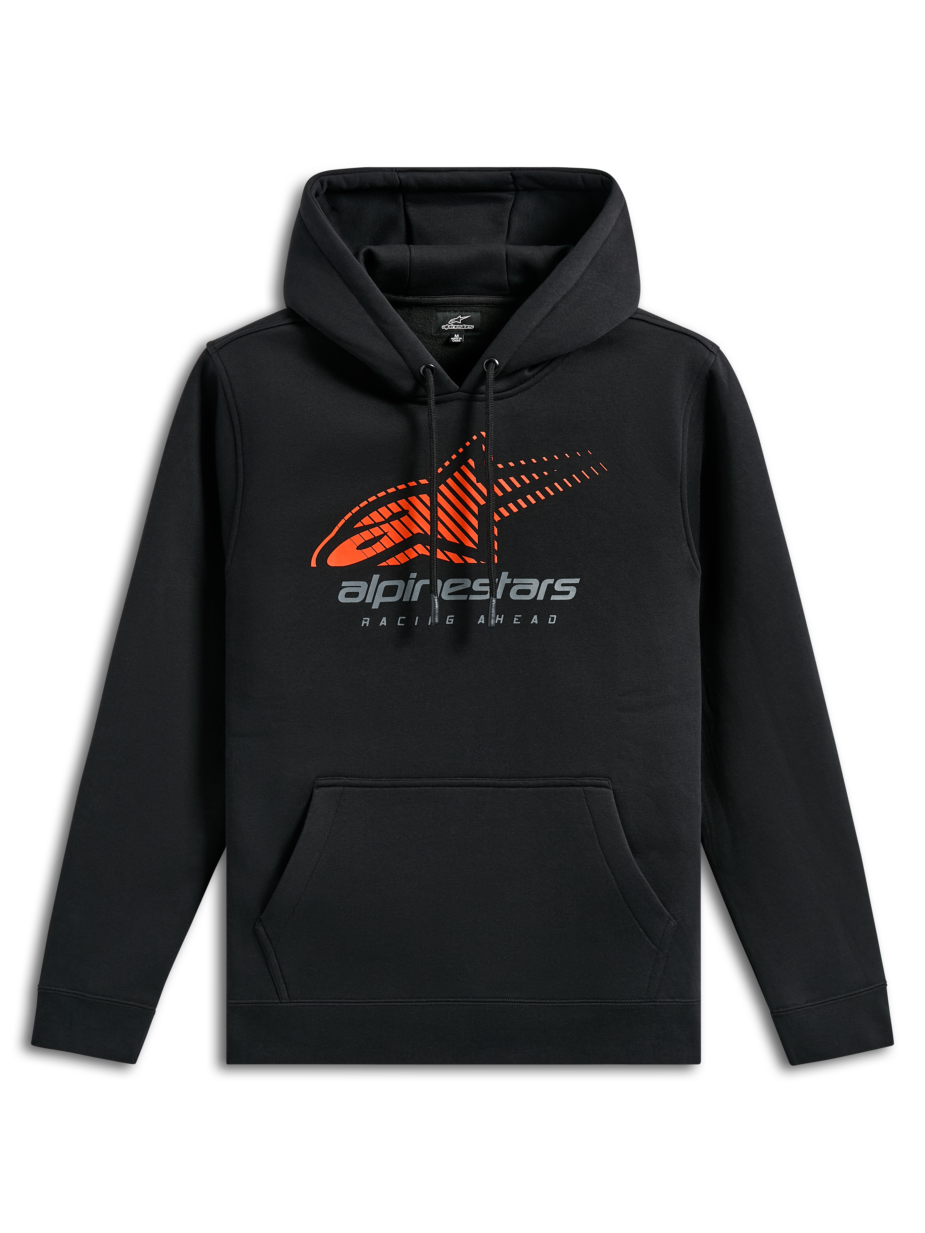 Alpinestars Pulse Hoodie, zwarte casual sportkleding, voorzien van een oranje Astars-logo met speed line fade op de borst, grijze alpinestars-branding, kangoeroezak aan de voorkant en capuchon met trekkoord