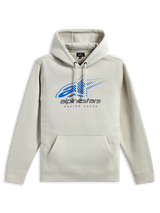 Alpinestars Pulse Hoodie, casual streetwear, off-white met blauw Astars-logo en grijze branding, kangoeroezak aan de voorkant, capuchon met trekkoord, lange mouwen, modern op motorsport geïnspireerd design