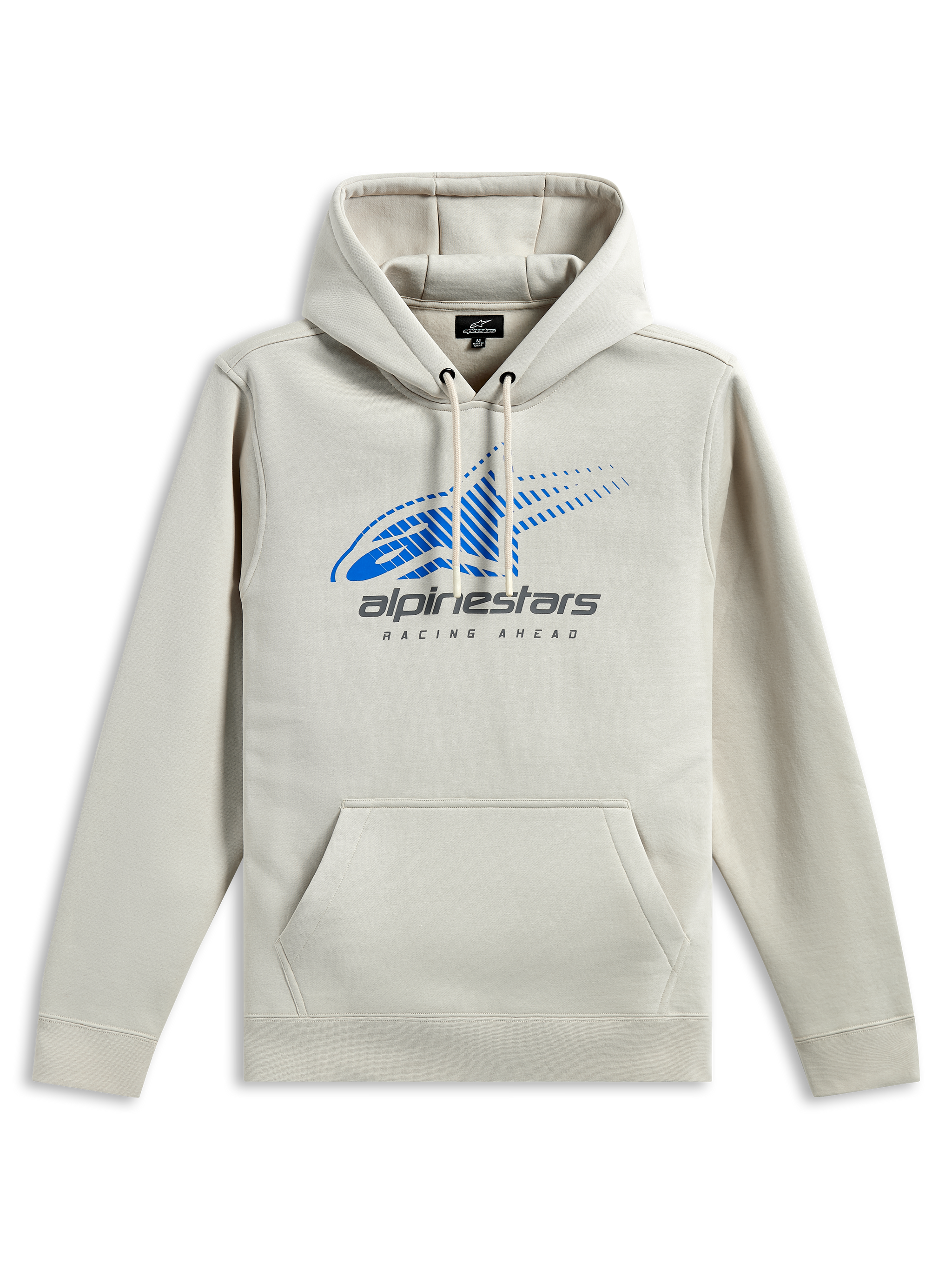 Alpinestars Pulse Hoodie, casual streetwear, off-white met blauw Astars-logo en grijze branding, kangoeroezak aan de voorkant, capuchon met trekkoord, lange mouwen, modern op motorsport geïnspireerd design