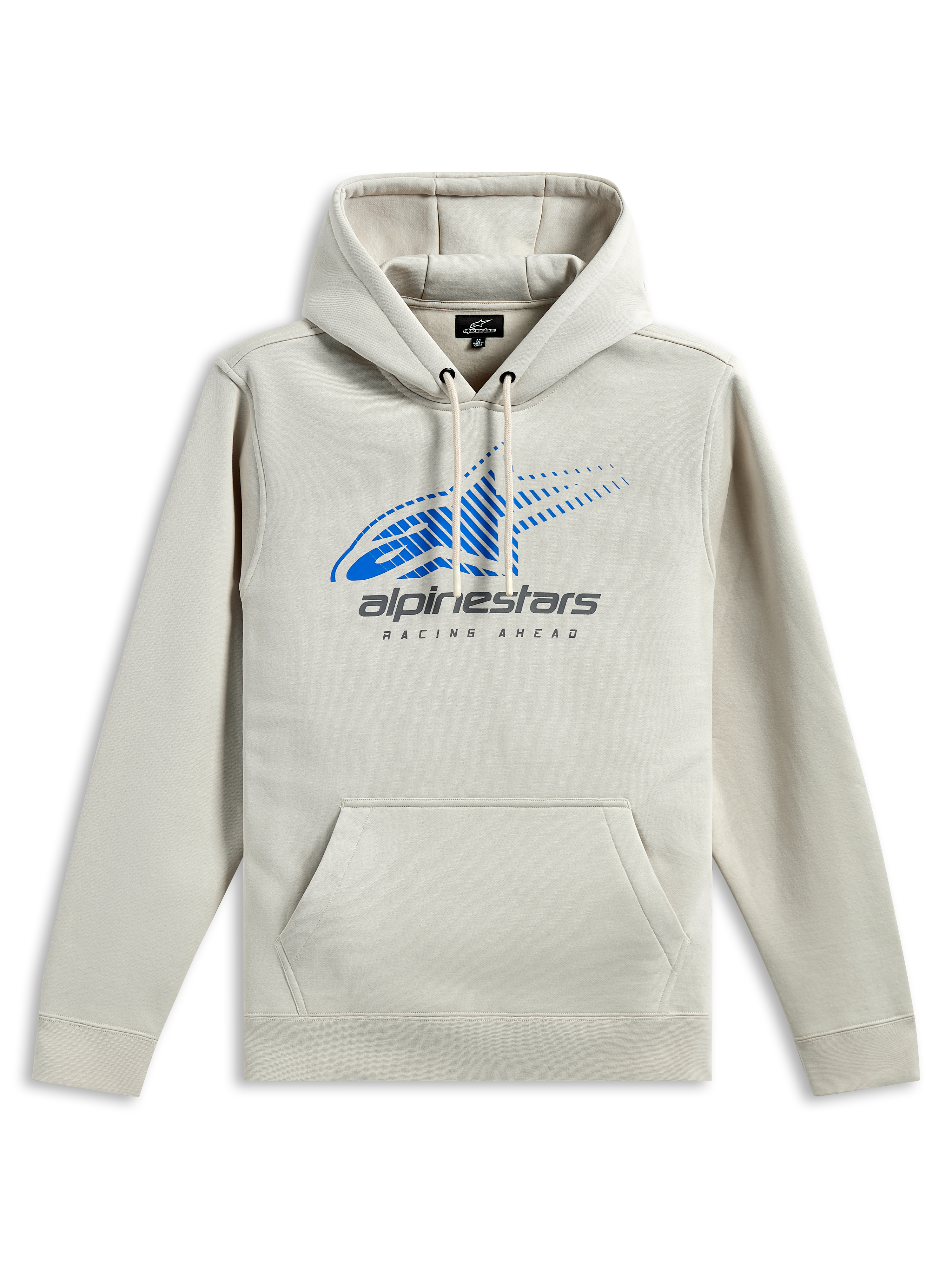 Alpinestars Pulse Hoodie, casual streetwear, off-white met blauw Astars-logo en grijze branding, kangoeroezak aan de voorkant, capuchon met trekkoord, lange mouwen, modern op motorsport geïnspireerd design