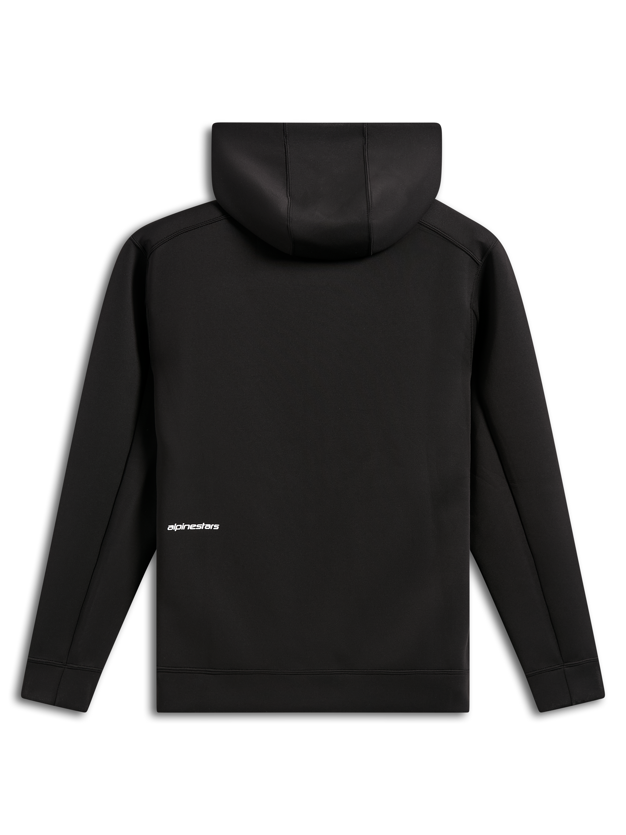 Alpinestars Cypher Hoodie, achteraanzicht, zwart, casual double face fleece hoodie met rits aan de voorzijde, klein wit Alpinestars-woordlogo op de onderrug, capuchon met mesh voering, modern motorsport-geïnspireerd design