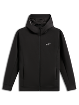 Alpinestars Cypher Hoodie, zwart, fleece hoodie met rits en dubbele stof, hoge capuchon met mesh voering en Alpinestars woordlogo, klein wit Astars-logo op de borst, steekzakken, casual motorsport-geïnspireerde streetwear