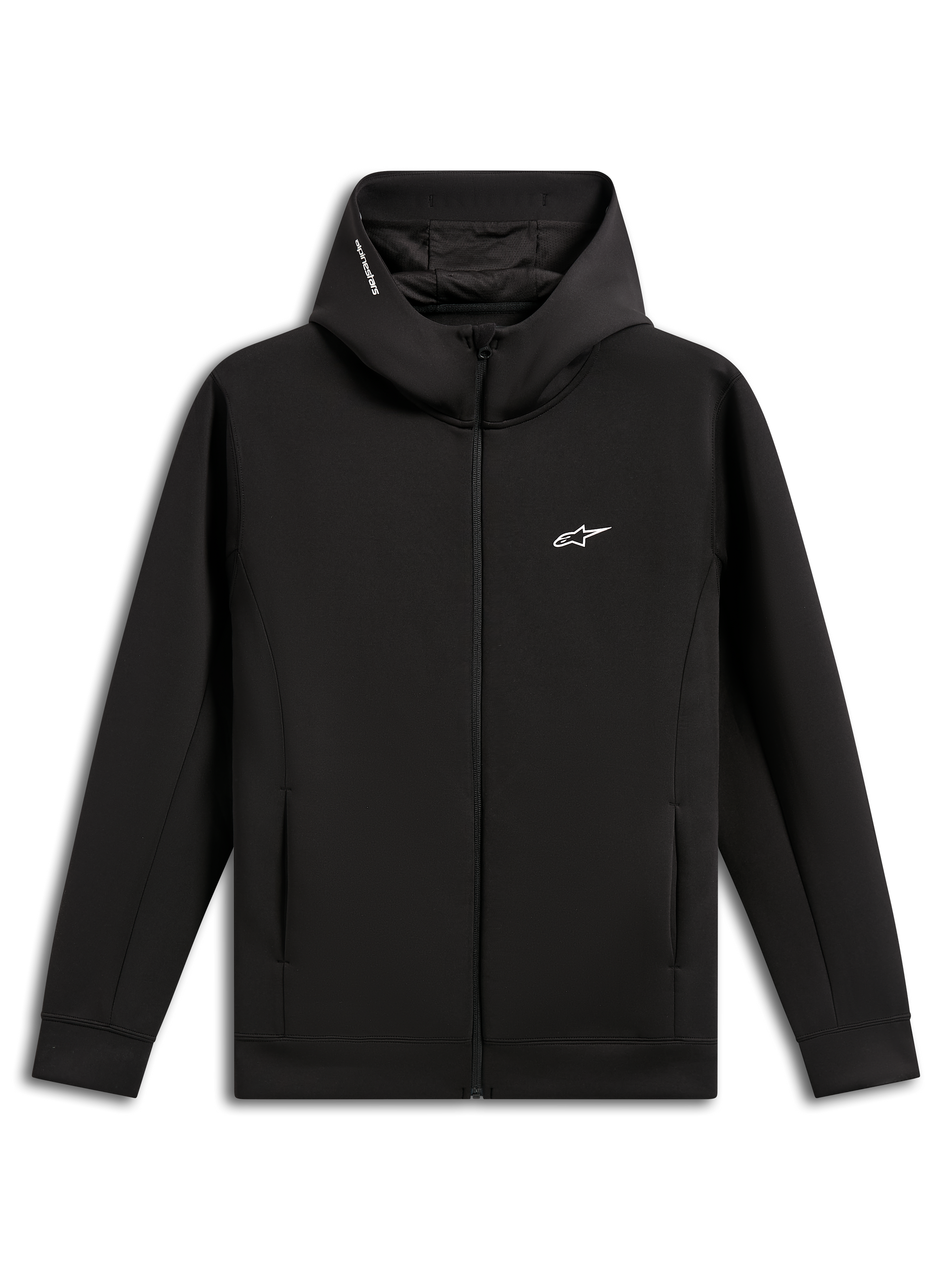Alpinestars Cypher Hoodie, zwart, fleece hoodie met rits en dubbele stof, hoge capuchon met mesh voering en Alpinestars woordlogo, klein wit Astars-logo op de borst, steekzakken, casual motorsport-geïnspireerde streetwear