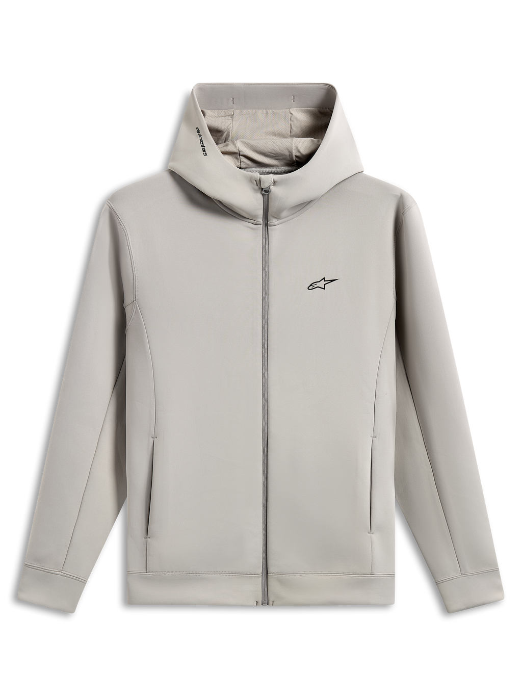 Alpinestars Cypher Hoodie, fleece hoodie met volledige ritssluiting en dubbelzijdige stof, Cement grijs, voorzien van een zwart Astars-logo op de borst, hoge capuchon met mesh-voering en Alpinestars-woordlogo, zakken in de naden, casual sportswear design