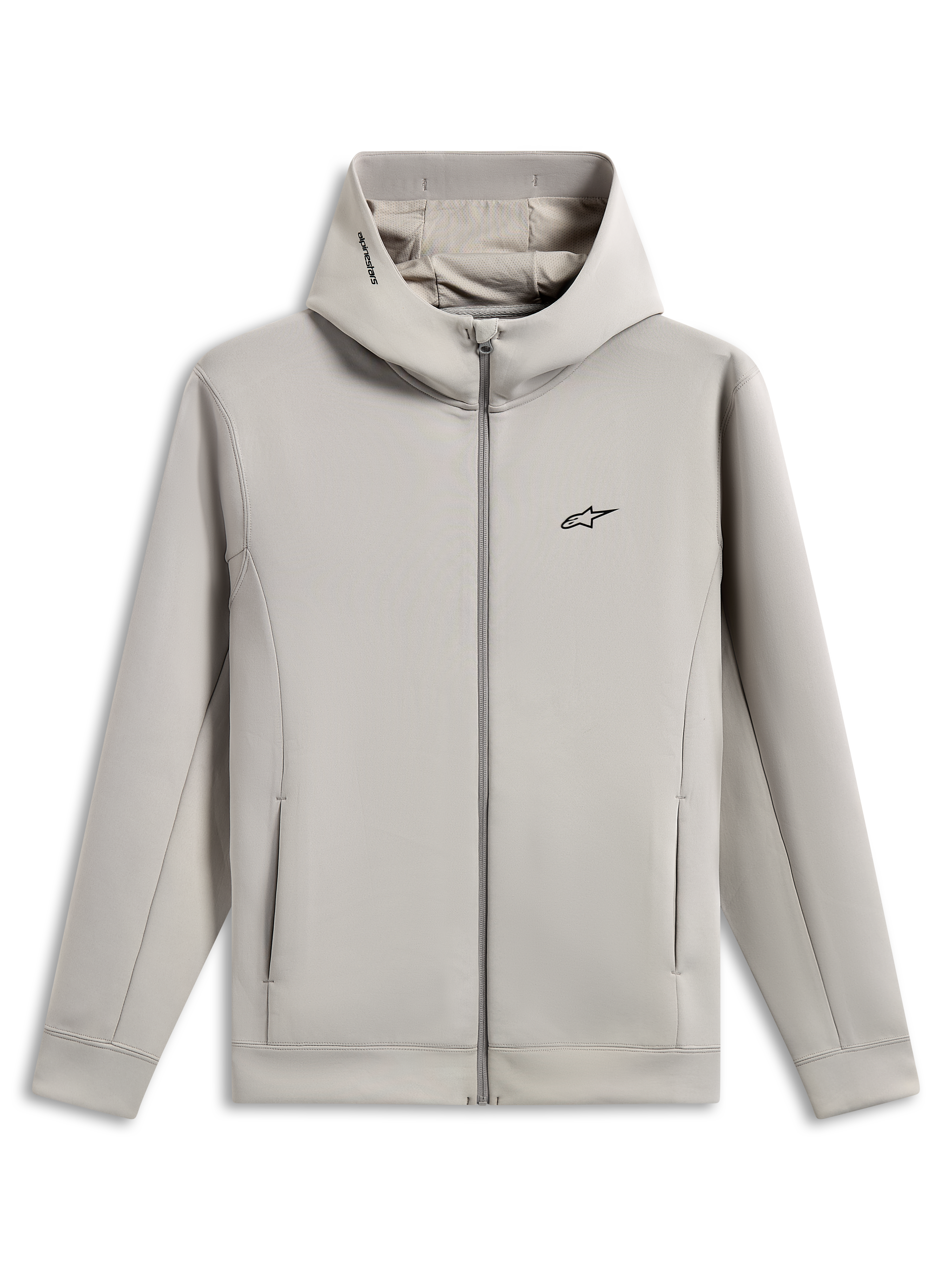 Alpinestars Cypher Hoodie, fleece hoodie met volledige ritssluiting en dubbelzijdige stof, Cement grijs, voorzien van een zwart Astars-logo op de borst, hoge capuchon met mesh-voering en Alpinestars-woordlogo, zakken in de naden, casual sportswear design