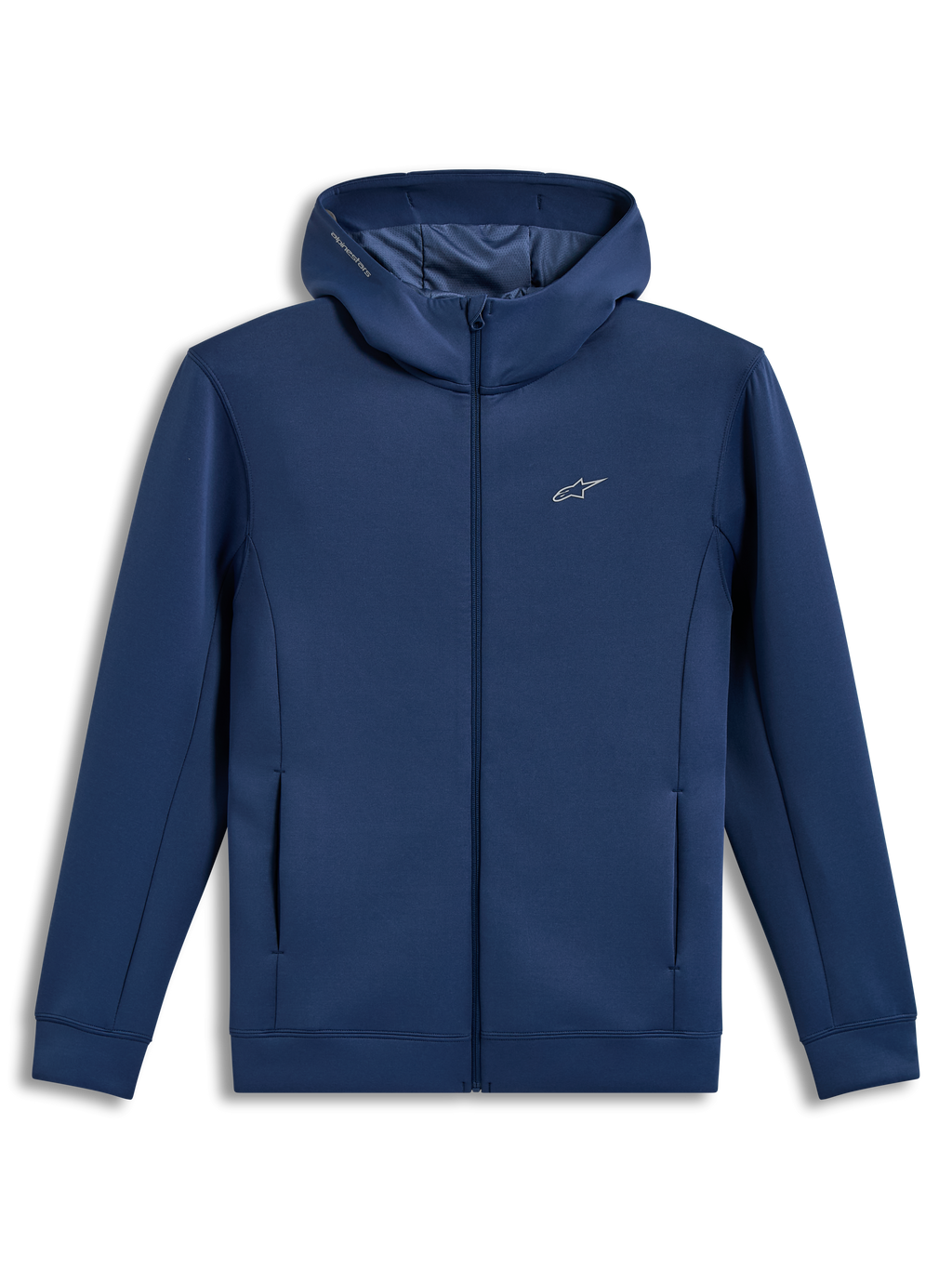 Alpinestars Cypher Hoodie, Steel Blue zip-front tri-blend fleece sportswear with a high-neck mesh-lined hood and pockets.