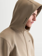 Alpinestars Cypher Hoodie, Sportswear Zip-Front Fleece, Men, Putty Beige, featuring a high-neck mesh-lined hood with side Alpinestars branding and chest logo, on-model profile view.