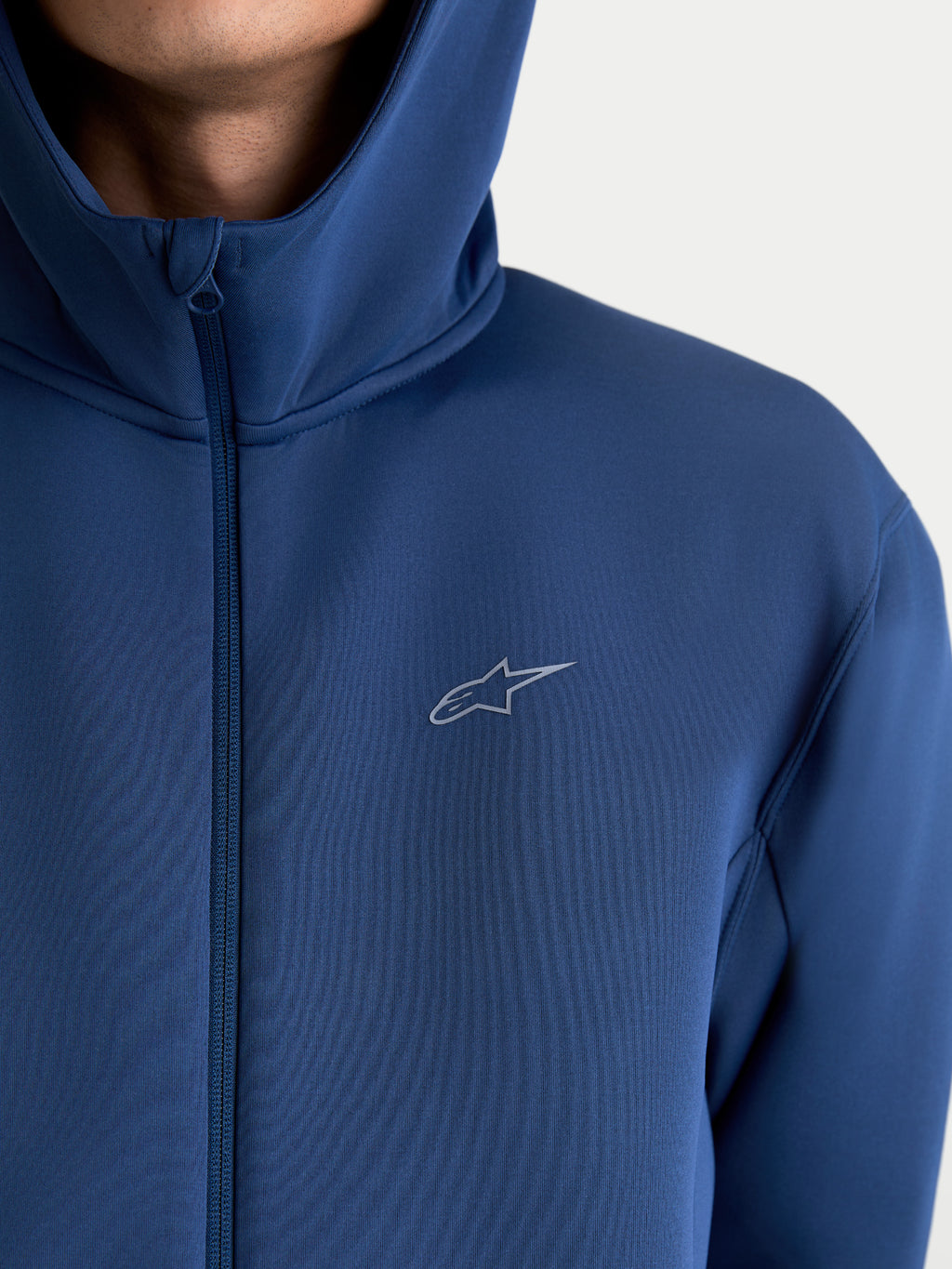 Alpinestars Cypher Hoodie, Zip-Front Sportswear Hoodie, Unisex Casual Lifestyle Wear, Steel Blue, featuring a high-neck hood, full-zip closure, and silver Astars logo on the chest, technical tri-blend double-face fleece construction.