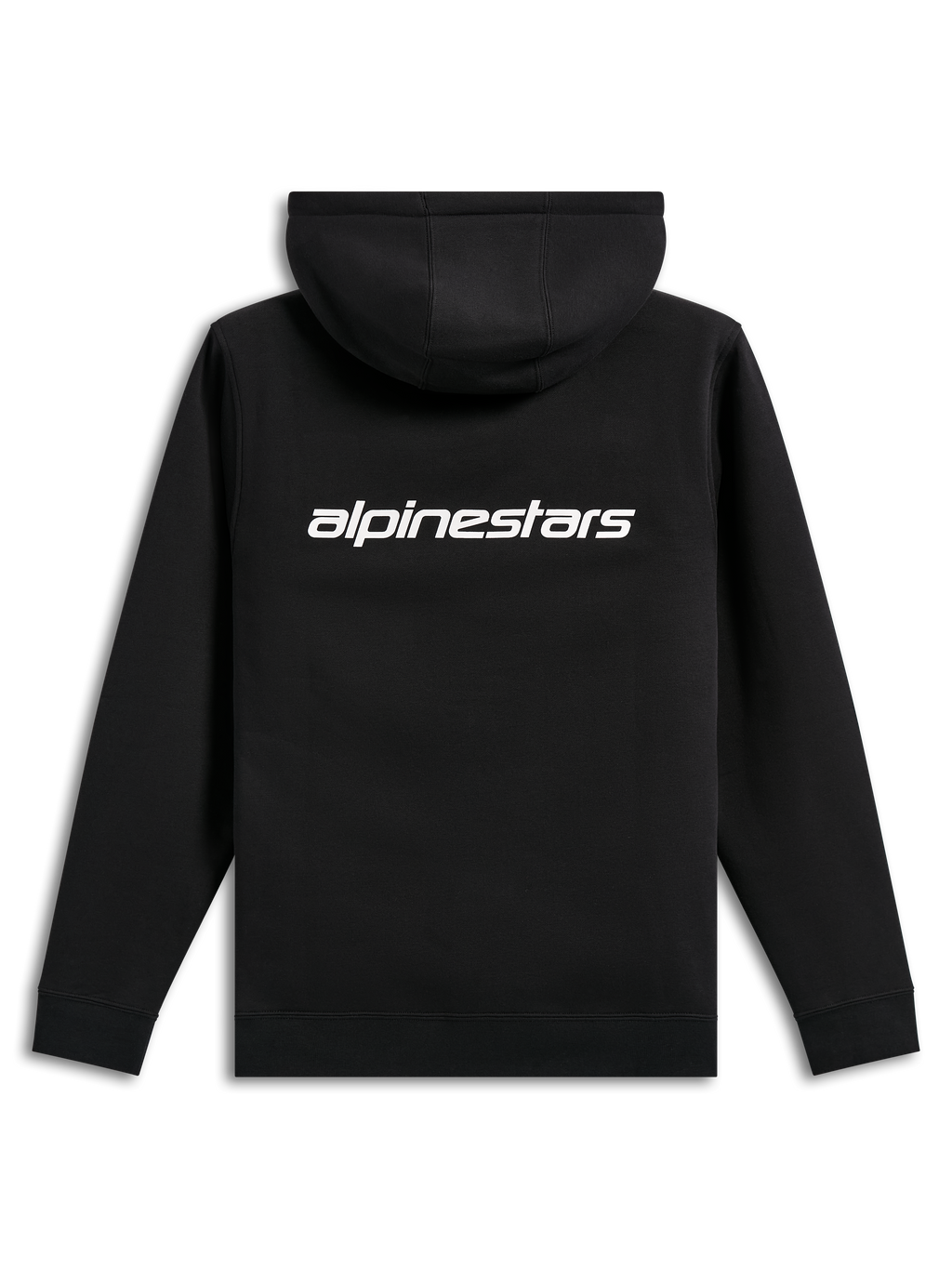 Alpinestars Transverse Hoodie, casual streetwear, zwart met wit Alpinestars-woordlogo op de rug, fleece hoodie, geribde manchetten en zoom, modern motorsport-geïnspireerd ontwerp