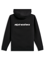 Alpinestars Transverse Hoodie, casual streetwear, zwart met wit Alpinestars-woordlogo op de rug, fleece hoodie, geribde manchetten en zoom, modern motorsport-geïnspireerd ontwerp