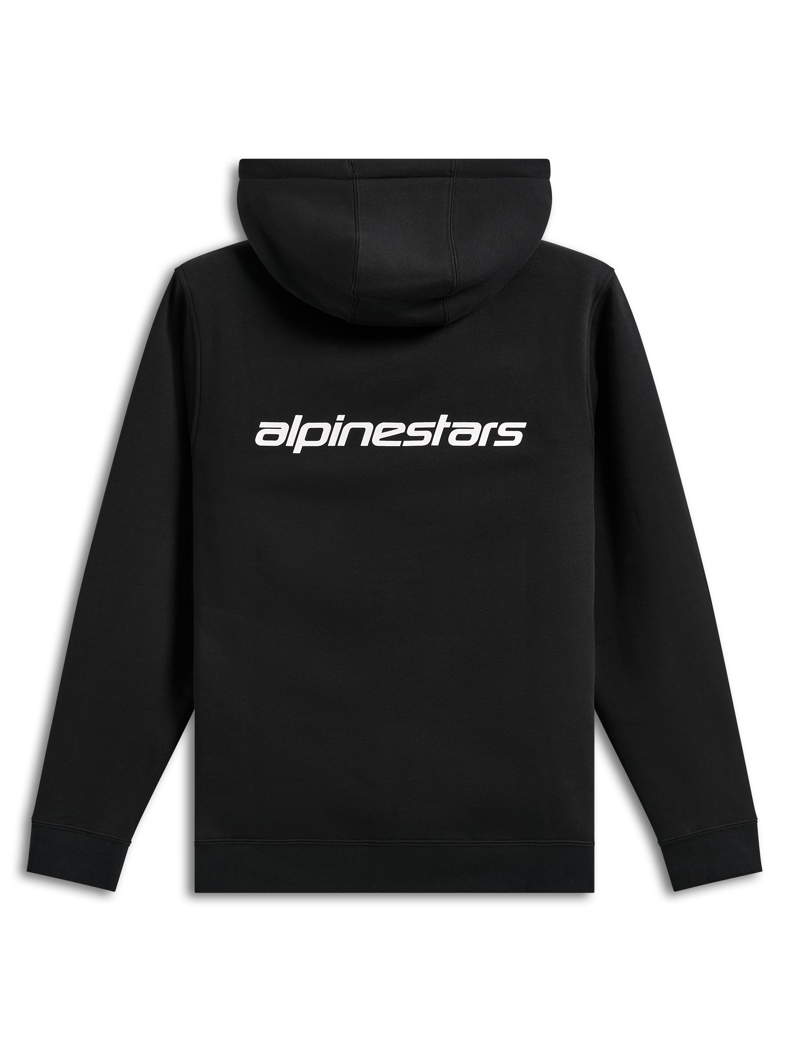 Alpinestars Transverse Hoodie, casual streetwear, zwart met wit Alpinestars-woordlogo op de rug, fleece hoodie, geribde manchetten en zoom, modern motorsport-geïnspireerd ontwerp