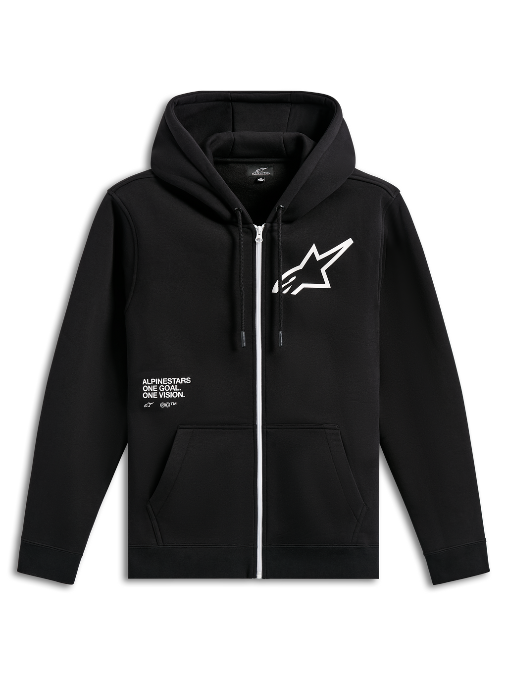 Alpinestars Transverse Hoodie, zwart fleecevest met rits aan de voorkant, voorzien van een witte rits, groot wit Astars-logo op de borst, 'One Goal, One Vision' tekstprint, capuchon met trekkoord en geribde boorden, casual motorsport streetwear