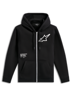 Alpinestars Transverse Hoodie, zwart fleecevest met rits aan de voorkant, voorzien van een witte rits, groot wit Astars-logo op de borst, 'One Goal, One Vision' tekstprint, capuchon met trekkoord en geribde boorden, casual motorsport streetwear
