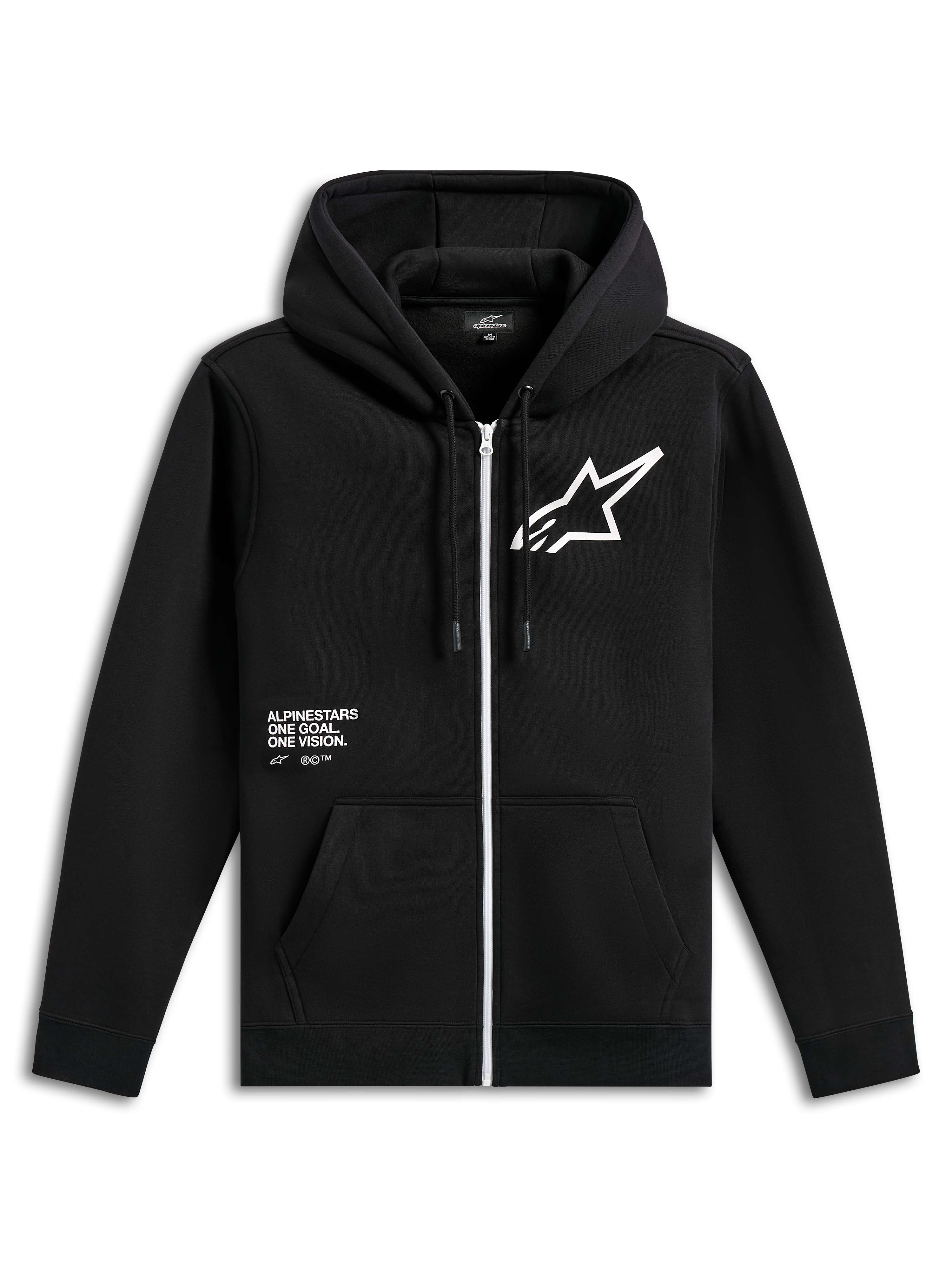 Alpinestars Transverse Hoodie, zwart fleecevest met rits aan de voorkant, voorzien van een witte rits, groot wit Astars-logo op de borst, 'One Goal, One Vision' tekstprint, capuchon met trekkoord en geribde boorden, casual motorsport streetwear