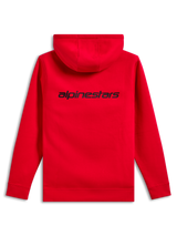 Alpinestars Transverse Hoodie, achteraanzicht, rood, met een zwart Alpinestars woordlogo op de bovenrug, casual hoodie met geribde manchetten en zoom