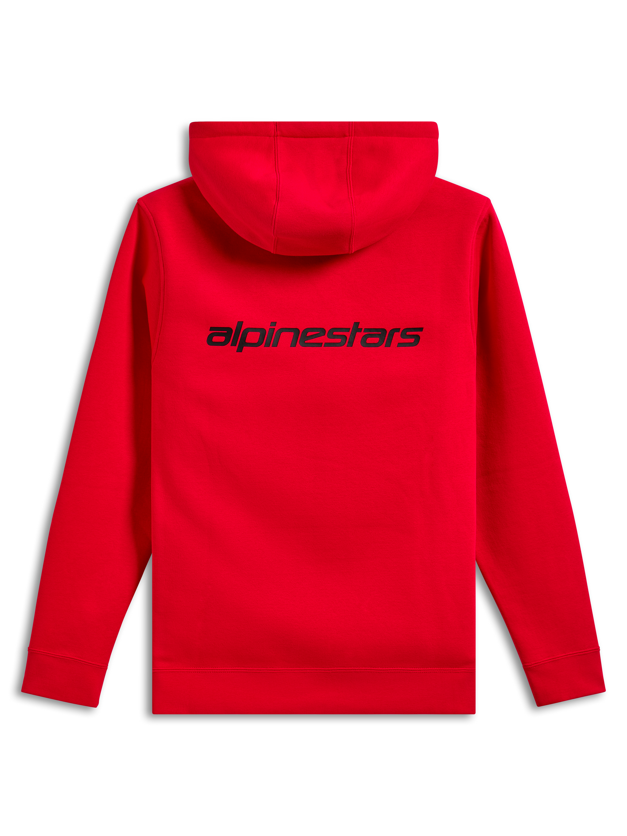Alpinestars Transverse Hoodie, achteraanzicht, rood, met een zwart Alpinestars woordlogo op de bovenrug, casual hoodie met geribde manchetten en zoom