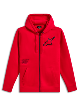 Alpinestars Transverse Hoodie, fleece hoodie met ritssluiting, rood, zwart Astars-logo op de borst met One Goal One Vision tekstprint, capuchon met trekkoord, kangoeroezakken, geribde manchetten en zoom, casual motorsport streetwear