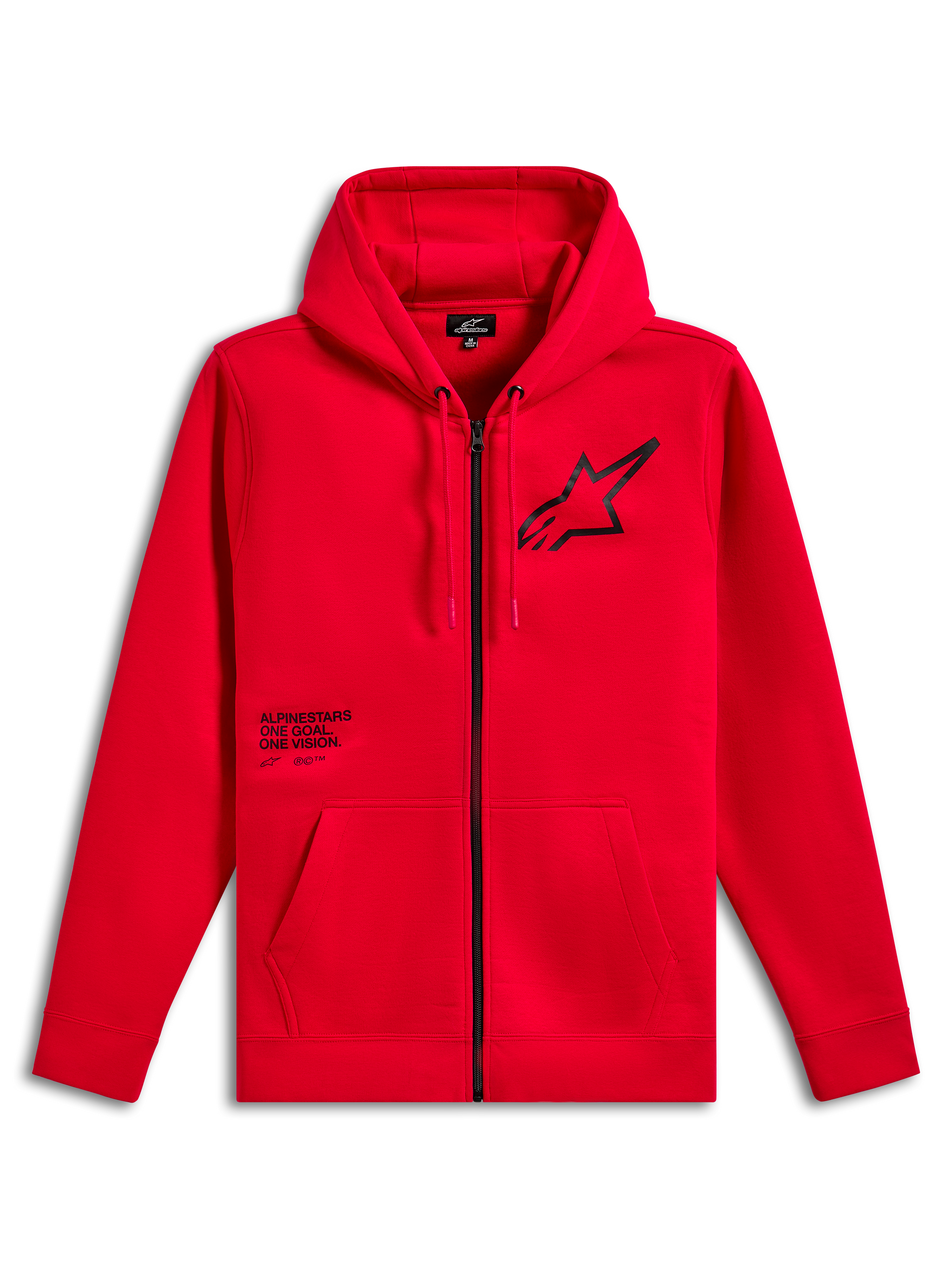 Alpinestars Transverse Hoodie, fleece hoodie met ritssluiting, rood, zwart Astars-logo op de borst met One Goal One Vision tekstprint, capuchon met trekkoord, kangoeroezakken, geribde manchetten en zoom, casual motorsport streetwear