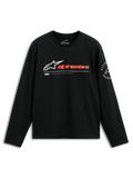 Alpinestars Mandatory CSF Tee, longsleeve T-shirt, zwart, wit Astars-logo met roodoranje woordmerk, cirkelvormige Alpinestars Racing-graphic op de mouw, casual motorsport streetwear