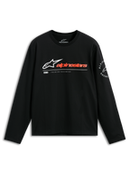 Alpinestars Mandatory CSF Tee, longsleeve T-shirt, zwart, wit Astars-logo met roodoranje woordmerk, cirkelvormige Alpinestars Racing-graphic op de mouw, casual motorsport streetwear