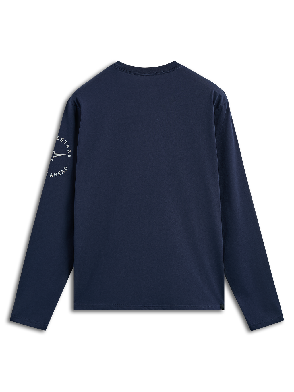 Alpinestars Mandatory CSF Tee, T-shirt met lange mouwen, marineblauw, achteraanzicht met wit cirkelvormig Astars-logo op de linkermouw, casual motorsport-geïnspireerde streetwear