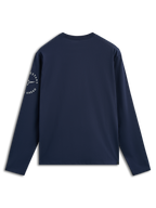 Alpinestars Mandatory CSF Tee, T-shirt met lange mouwen, marineblauw, achteraanzicht met wit cirkelvormig Astars-logo op de linkermouw, casual motorsport-geïnspireerde streetwear