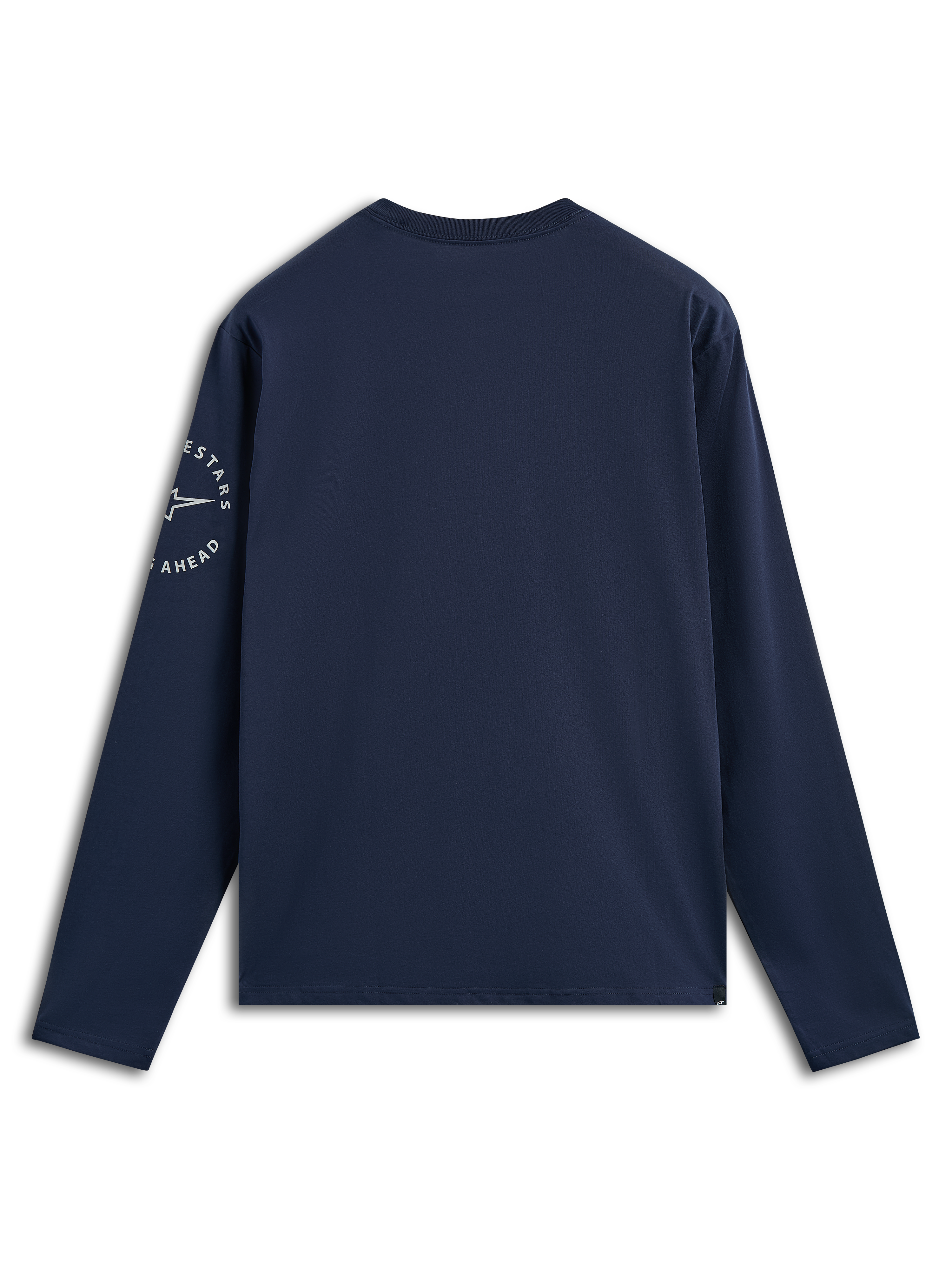 Alpinestars Mandatory CSF Tee, T-shirt met lange mouwen, marineblauw, achteraanzicht met wit cirkelvormig Astars-logo op de linkermouw, casual motorsport-geïnspireerde streetwear